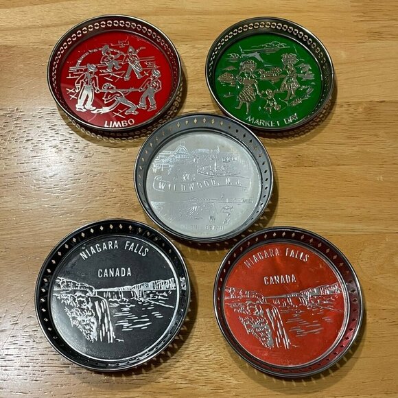 VINTAGE Barware 5 Metal Coasters Wildwood NJ, Limbo, Market Day, Niagara Falls - Picture 1 of 13